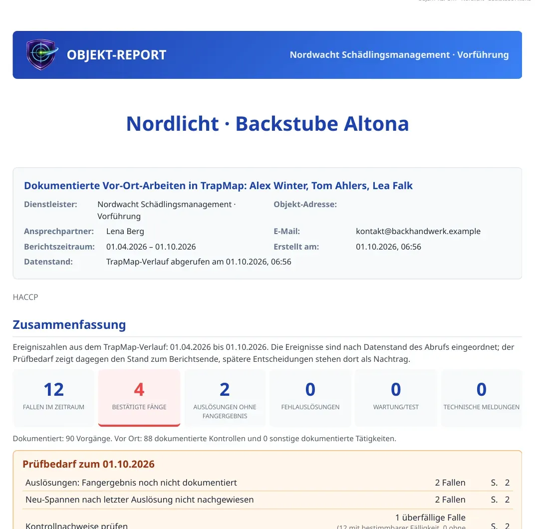 Erste Seite eines Objekt-Reports mit Kennzahlen und Prüfbedarf