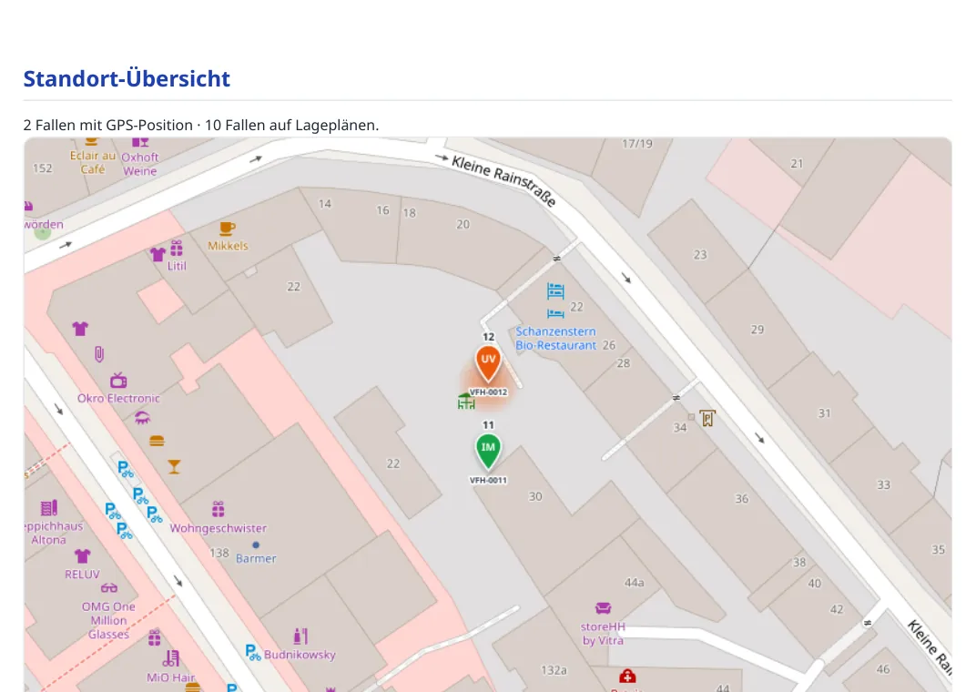 Standort-Übersicht im Objekt-Report mit Karte und Befallskreisen